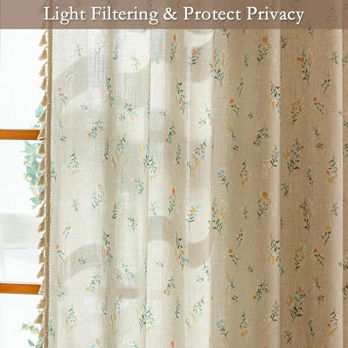 Image of MYSKY HOME Boho Floral Linen Curtains 96 Inches Long Vintage Farmhouse Bohemian Spring Patterned Semi Sheer Window Treatments with Tassel Back Tab Living Room Bedroom, Blue and Orange, W50, 2 Panels