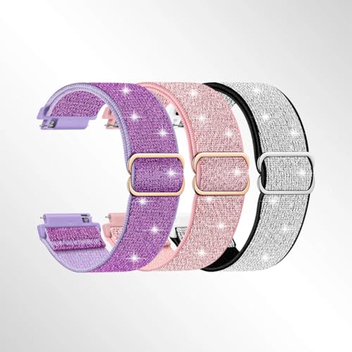 3 Pack Compatible with 20mm 22mm Watch Bands Quick Release Replacement Wristband, Adjustable Stretchy Nylon Solo Loop Straps Fabric Braided Sport Elastic Bands for Men Women (Silver glitter + glitter powder + purple glitter,22mm)