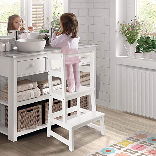 WishaLife Kids Kitchen Step Stool, Toddler Step Stool, Toddler Stool with Safety Anti-Slip Protection - Solid Hardwood Construction - Perfect for Toddlers 18 Months and Older (White Color)