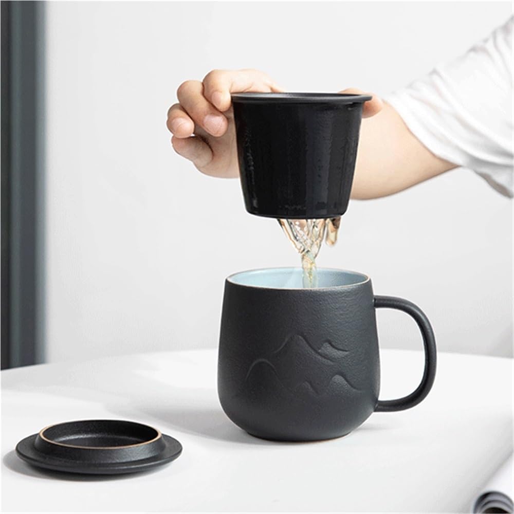 Tazas Taza con Tapa, Juego de 1 Taza café cerámica Filtro Interior, Capacidad 11.84 oz for la Oficina o for Regalar a Personas Mayores Tazas de Café(Negro)