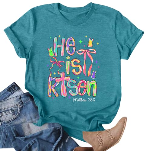 Image of Ithalt Easter Shirts for Women He is Risen Tshirt Easter Christian T-Shirt Jesus Lover Short Sleeve Tops