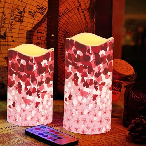 Image of Red Pink Heart Pattern Flickering Flameless Candles with Remote LED Pillar Candles Battery Operated with Timer Color Changing Electric Candles Valentine's Day Decoration