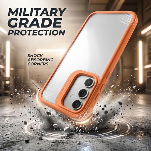 Image of amazon basics Frosted Matte Case for Samsung Galaxy A55 5G | Built-in Flip-Out Camera Lens Stand | Translucent Back with Contrast Orange Bumper | Shockproof Protective Cover with Foldable Kickstand