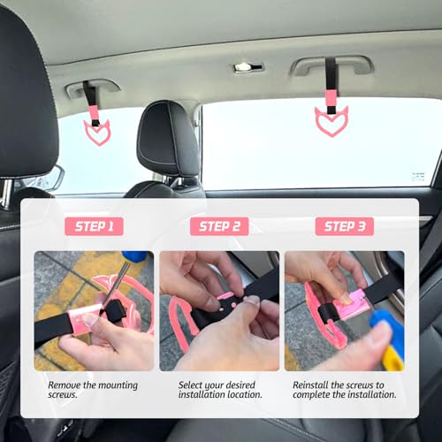 Image of 2 Pcs Devil Heart Shaped Car Handle Strap - JD M Drift Charm Rear Bumper Warning Ring Decor for Car Interior Exterior, Subway Bus Handle Accessory, Cute Heart Car Decor Gift for Drivers (Pink)