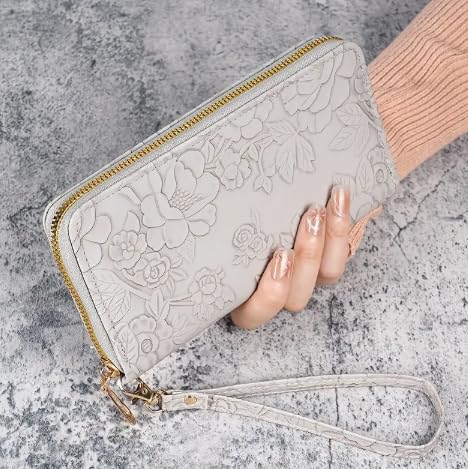 Wallet Women,Elegant Floral Embossed Synthetic Leather Wallet,Large Capacity Zippered Clutch with Card Slots,Wrist Strap2