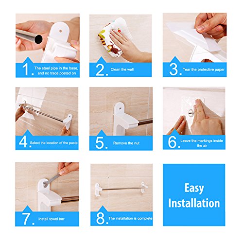 Image of HOKIPO Plastic Magic Sticker Series Self Adhesive Towel Rod And Napkin Holder For Bathroom And Kitchen With 2 Hooks, 60 Cm, White