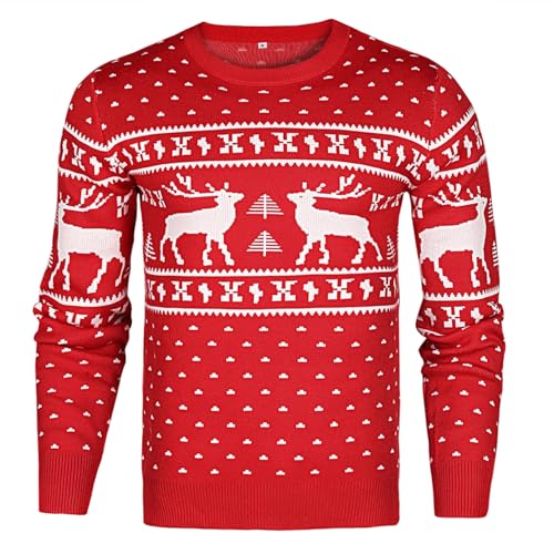 Uniexcosm Men's Christmas Jumpers Warm Xmas Sweaters Reindeer Knit Pullover Top Snowflake Sweatshirt Knitwear Red