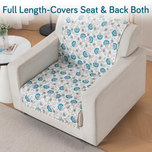 Image of HOKIPO Cerulean Bloom Quilted Sofa Cover for 1 Seater with Tassels for Seat & Back, 'Tassel Twigs' Series (IN-989-T6)