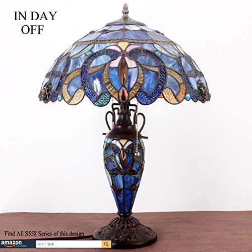 Werfactory Tiffany Style Table Lamp Blue Purple Cloudy Stained Glass Mother-Daughter Vase Lamp 16X16X24 Inches Desk Reading Light Decor Bedroom Living Room Home Office S558 Series #TOP4