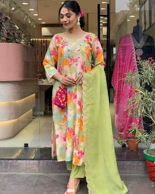 Image of Shiv Textiles Women's Silk Crepe Printed Kurta Pant Dupatta Set(JDA-SWARA-Beige-XXL)