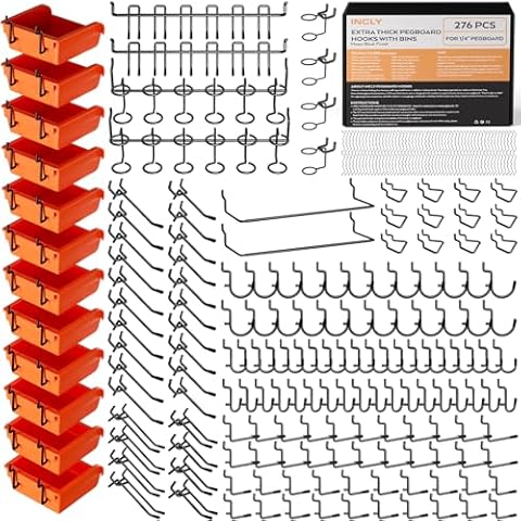 INCLY 276PCS Extra Thick 1/4" Pegboard Accessories Organizer Kit, Heavy Duty Black Pegboard Hooks with Bins & Paper Towel Holder, Peg Board Hook Assortment for Garage Wall Attachments Hanging Tools Cover