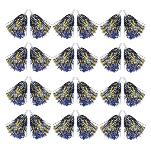 Hooshing 12PCS Pom Poms Cheerleading Blue and Gold Metallic Foil Cheer Pom Poms with Plastic Handles for Rooters Cheering Team Spirit Sports