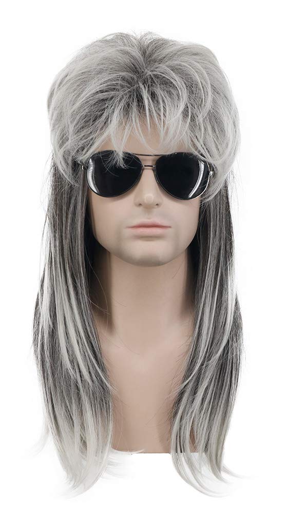 karlery Men Mullet Wig Long Wave Grey and White 70s 80s Metal Rocker Party Wig Halloween Costume Wig