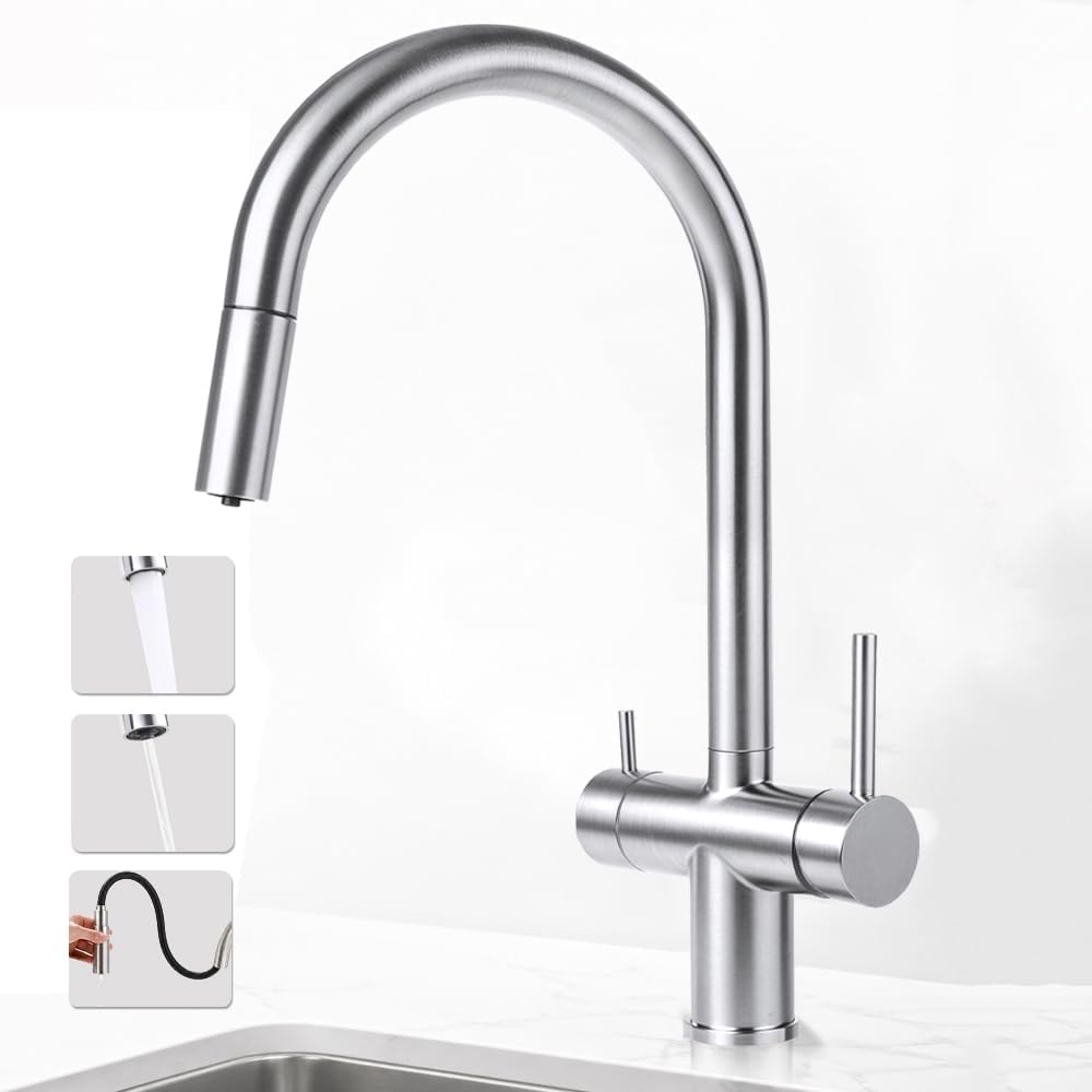 KUNPON 3 Way Pull Out Kitchen Tap, Water Filter Tap with WRAS Certified Cartridge & Hoses, SUS304 Stainless Steel 3 in 1 Sink Mixer for Filtered Drinking Water, Brushed Steel