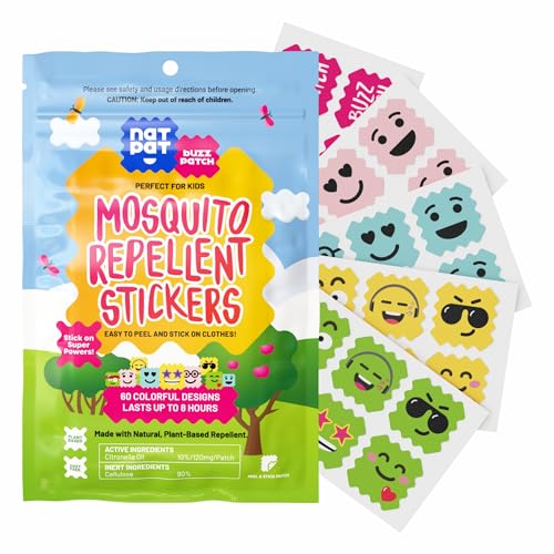 Image of NATPAT Buzz Patch Mosquito Patch Stickers for Kids (60 Pack) - The Original All Natural Citronella Essential Oil Insect Patch, Plant Based Ingredients, Non-Toxic, DEET Free, for Toddlers, Kids
