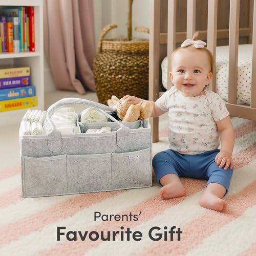 Image of PUTSKA Baby Diaper Caddy Organizer - Nursery Storage Basket for Diaper Station, Baby Basket Shower Gift List and Registry Must-Have, Newborn Essentials, Nursery Decor for Boy or Girl - Grey, Large