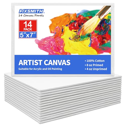 Image of FIXSMITH Canvas for Painting 14 Pack - 5 x 7 Inch Painting Canvas Panel Boards - 100% Cotton Primed Canvases - Super Value Pack Art Supplies- Artist Canvas Board for Acrylic, Oil & Tempera Painting