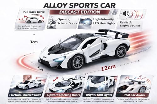 Image of 1:36 Die Cast McLaren Toy Car with Light & Sound, Pull Back Action Metal Sports Car Model with Openable Doors, LED Lights & Music, Toy Car for Kids Boys Girls & Collectors (White)