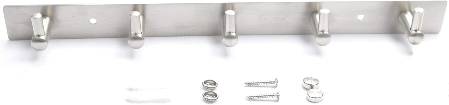 Sagmoc Coat Hook Rail Brushed Nickel 13-inch 5 Hooks Hanger Wall Mounted for Clothes/Key/Towel /304 Stainless Steel/Super Easy Installation/Rust and Water Proof/Perfect Home Storage