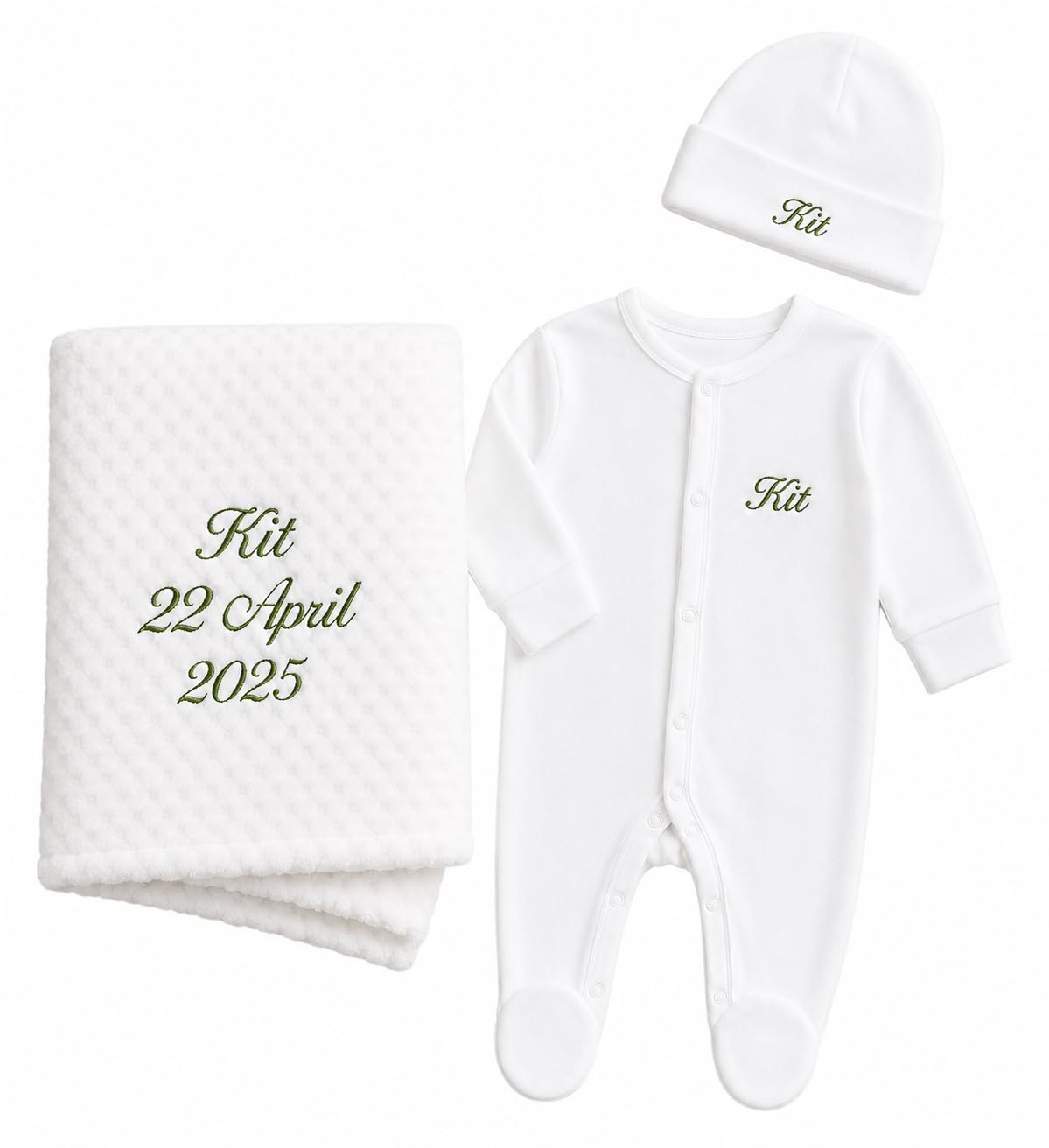 Lobeko Personalised Baby Gift Set for Newborn Baby, Embroidered Waffle Blanket, Cotton Sleepsuit & Hat 0–3 Months – Custom Baby Name for Boys, Girls & New Parents (Sage Thread Colour)