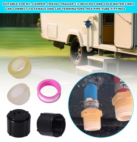 Image of Tinoaly 2pcs Low Point Drain Seals /Caps with Sealing Ring & Tape, Plastic RV Drain Cap for RV Camper Travel Trailer 1 /2 Inch Hot & Cold Water Lines Connects to Pex Pipe /Tubing Fittings
