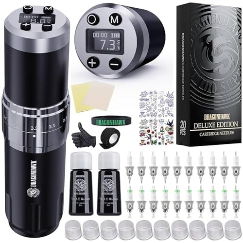 Dragonhawk Tattoo Maschine Set Wireless Tattoo Maschine Pen Rotary tätowiermaschine with 2pcs Batterie Adjustable Stroke Length Tattoo Gun 20 Count Tattoo nadeln Cartridges für Tattoo Anfänger 1