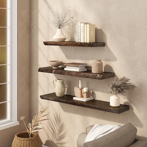 Image of 24 inch Live Edge Floating Shelves, Solid Elm Wood Shelf, Set of 2