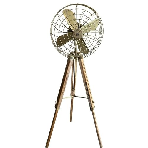 Ventilador de pedestal de teca natural y latón | Ventilador de suelo giratorio industrial en soporte de trípode de madera | Circulador de aire eléctrico resistente