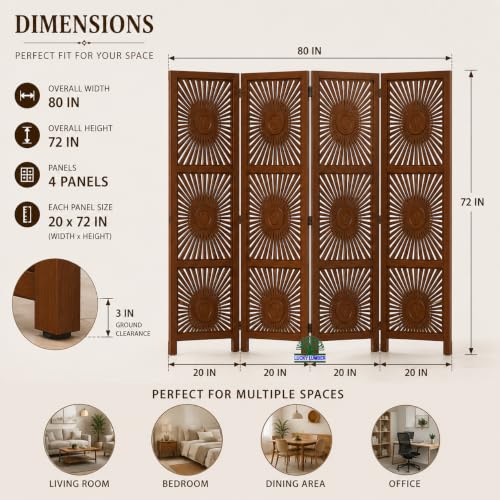 Image of Wooden Room Divider Partition for Living Room | Foldable 4 Panel Decorative Privacy Screen Separator for Home, Office & Bedroom | Modern (Sun Brown)