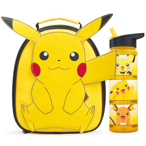 Get Trend Pokemon Pikachu Bolsa Térmica Infantil 2 Piezas, Diseño 3D Lunch Bag con Botella de Agua 500 ml, Libre de BPA, Ligero y Resistente para Colegio y Escuela (Amarillo/Negro Pikachu)