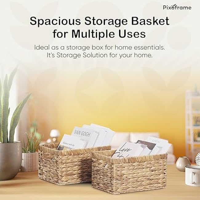 Large Rectangular Handwoven Wicker Basket - Natural Water Hyacinth Storage Baskets with 2 Built-in Handles - Ideal for Towel, Blankets, and Home Organizer & Decor - 16.5x13x7.50 - Brown