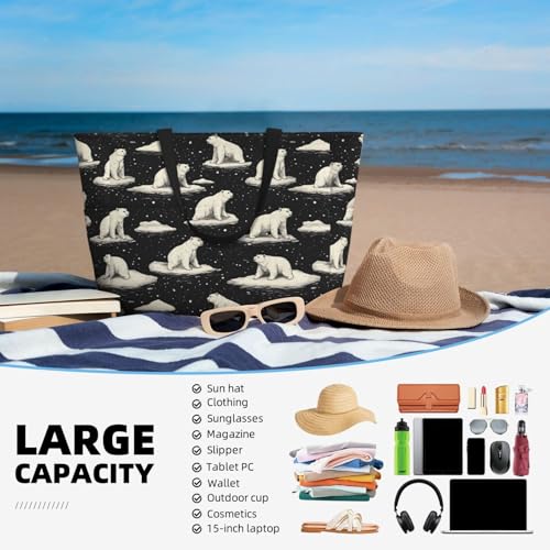 Large Beach Bags for Women Sandproof - White North Pole Bear Black Print Summer Travel Work Tote Bags with Zipper4
