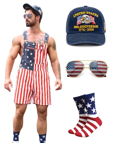 HRTELISI American Flag Overalls for Men Women 5Psc 250th Anniversary 4th of July Coveralls Shorts Kit USA Romper Couple (US Alpha Large Regular Regular Unisex Red-2)