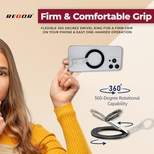 Image of Regor Magnetic Holder| Mag-Safe Ring Compatible| Foldable Mobile Stand | Metal Ring Holder | Mobile Back Holder Grip| Metal Grip for Selfie & Works as iPhone & Android Phone Stand - Black