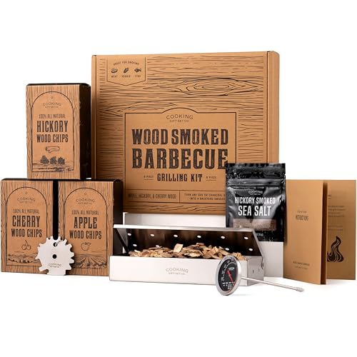 Grilling Accessories BBQ Smoker Box Grill Kit - Stainless Steel Smoke Box for Gas Grill and Charcoal with Wood Chips, Meat Thermometer and Scraper - Complete Outdoor BBQ Accessories Gift Set for Men