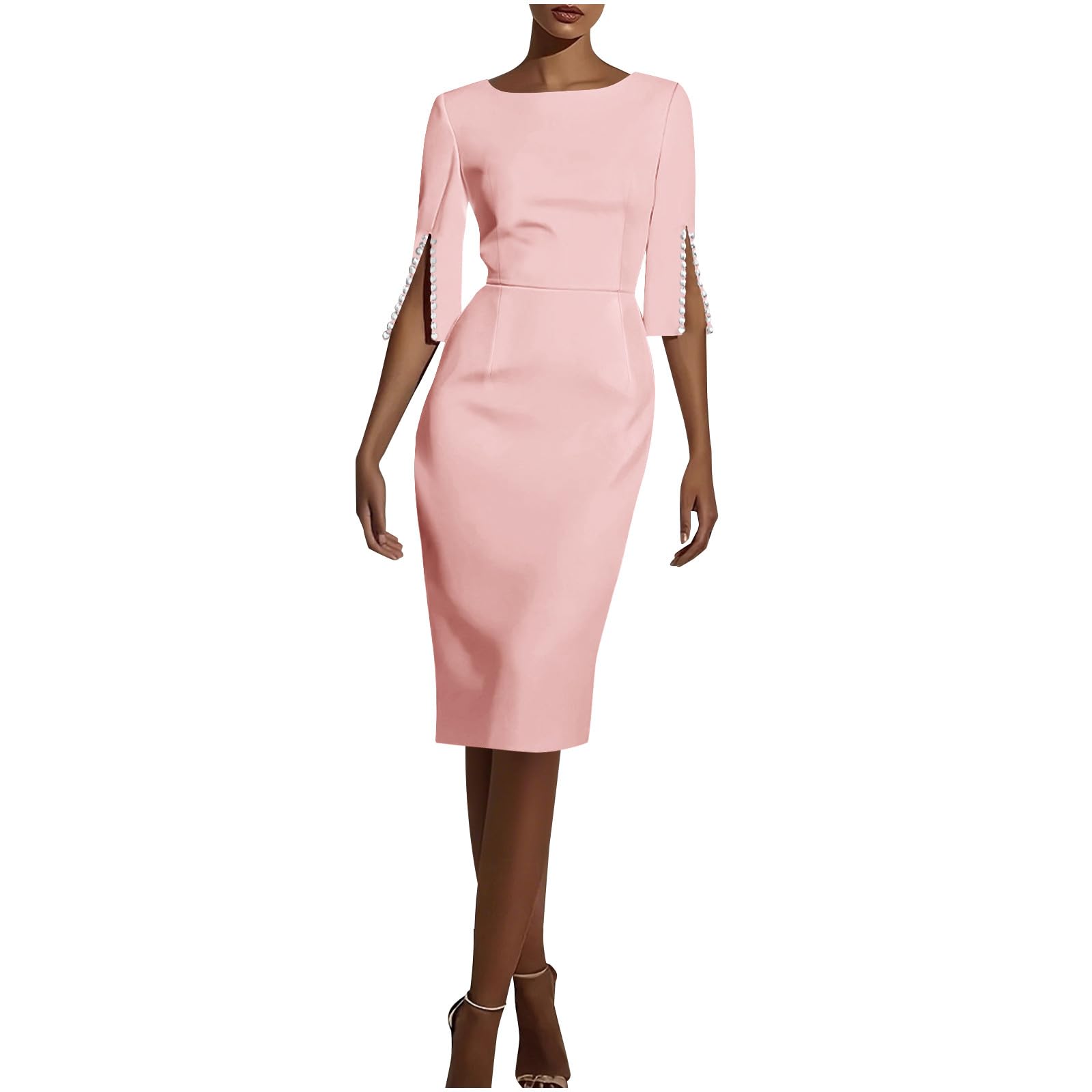 Women Elegant Church Work Bodycon Dress Slit Pearl Short Sleeve Round Neck Cocktail Party Business Midi Pencil Dresses
