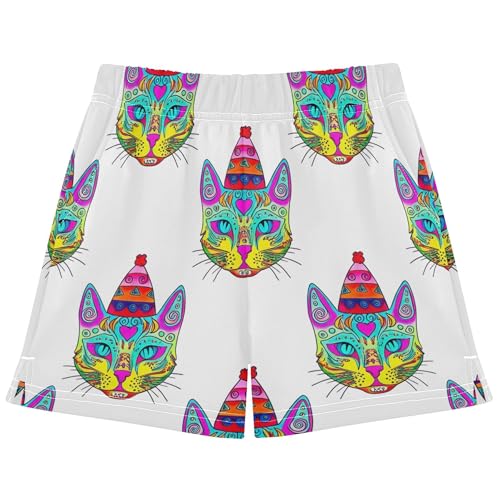 Girls Athletic Shorts Colorful Cat Faces White Print Kids Summer Casual Activewear Comfy Pajama Clothes, X-Small