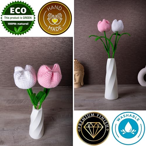 Image of Tulip Crochet Flowers | Handcrafted Artificial Faux Woolen Flower with Long Stem | Natural Looking Knitted Flower for Home, Living Room, Vase & Bouquet Decoration & Gifting | White & Baby Pink