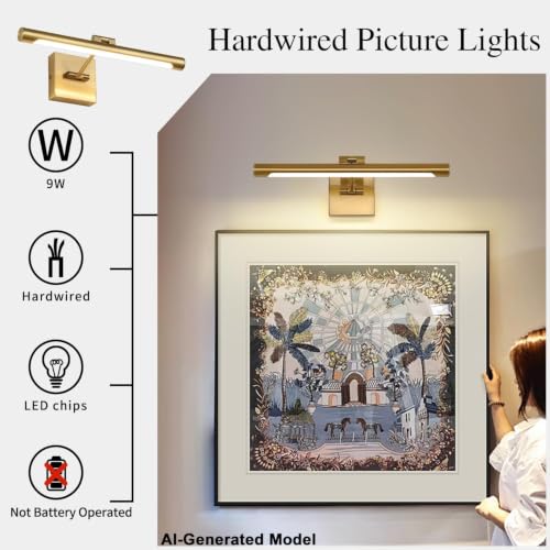 Image of LED Picture Light Fixtures 16.54 Inches, Modern Metal Artwork Wall Lamps with Single Swing Arm, 7W (50W Eqv.), Hardwired Connection, Dimmable, 3000K Warm White, CRI95+, Golden-Like Brass Finish