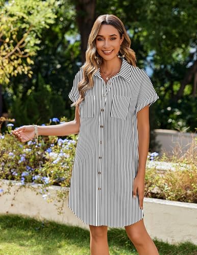 Image of Zeagoo Summer Dresses for Women 2025 Cotton Button Down Short Sleeve Tshirt Dresses Casual Mini Beach Dress