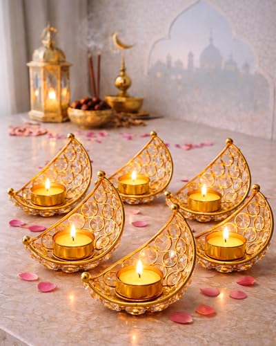 Image of Homesake Crystal Handcrafted Moon Shaped Tea Light Candle Holder for Home Decor Table Top Living Room, Festive Decorative Diwali, Decorations for Home, Gifts Items, (Golden, Set of 6)