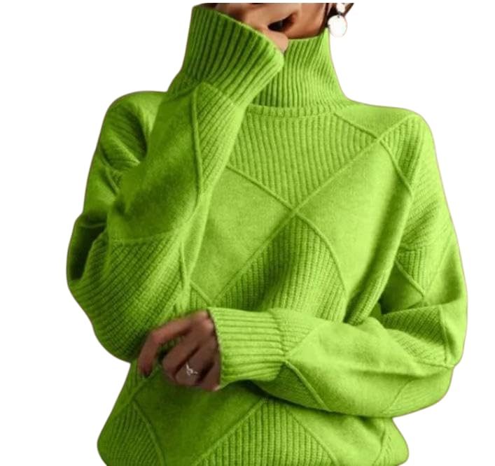 Womens Turtleneck Diamond-Patterned Sweaters Long Sleeve Knit Pullover Sweaters for Women