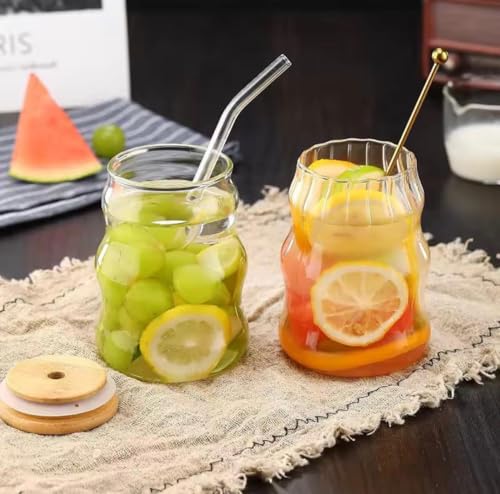 Image of SUANI Wave Shape Glass Tumbler with Lid and Straw, 500ml Transparent Drinking Glass Cup for Iced Coffee, Cold Coffee, Juice, Smoothies, Milk, Tea and Beverages, Tumbler Glass, Pack of 2