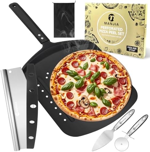 Perforated Pizza Peel Aluminum 12 inch Pizza Paddle Spatula Nonstick Metal Pizza Paddle with Rocker Cutter (12