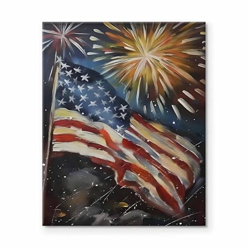 Image of 4 of July Canvas Wall Art, Fireworks and American Flag Painting, Patriotic Night Scene Poster Print, Memorial Day Independence Celebration Framed Artwork for Living Room and Office Decor 24x30inch
