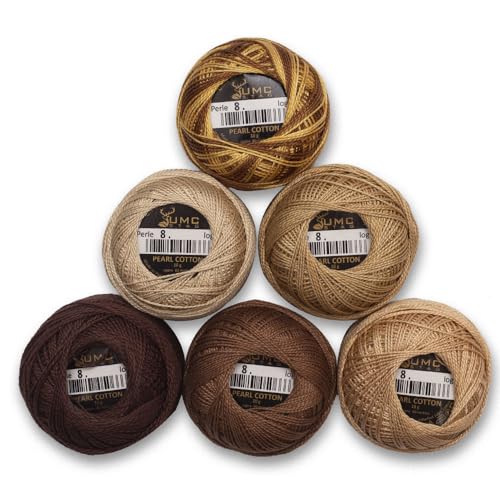 UMC STAG 6 Balls Premium Pearl Cotton Embroidery Thread Size 8 | 100% Egyptian Cotton Crochet Yarn | Cross Stitch Embroidery Yarn | Oeko TEX Certified | 10 Grams per Ball (Brown Tones)