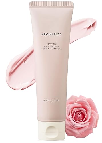 AROMATICA Reviving Rose Infusion Cream Cleanser 5.11 oz 145g Doble Limpiador, limpiador hidratante espumoso para piel seca con agua de rosa de