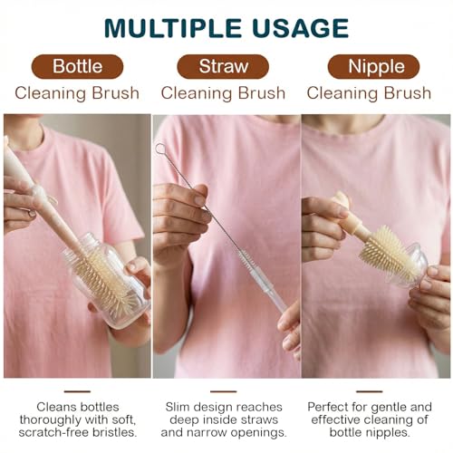 Image of TONY STARK Baby 3-in-1 Silicone Bottle Cleaning Brush Set | 360 Rotatable Handle, BPA-Free Soft Bristles for Cleaning Bottles, Nipples & Pacifiers Safely (Cream)