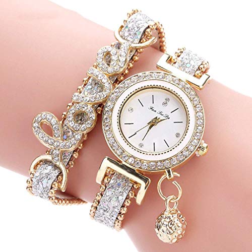 Damen-Armbanduhr Quarz-Armbanduhr mit rundem Zifferblatt eingelegtes Strass-Armband mit langem Armband für Frauen, Silber