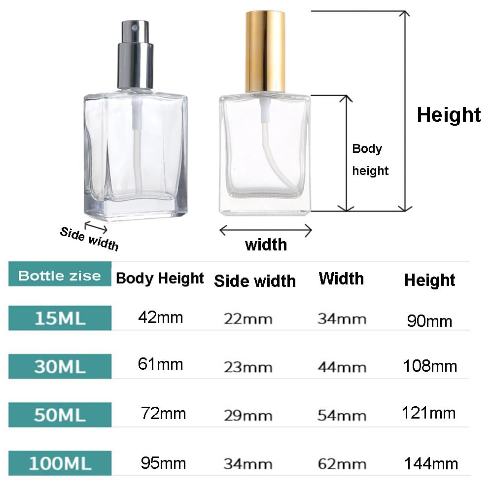 Kwadratowa płaska szklana butelka z rozpylaczem na perfumy, 15–100 ml, do wielokrotnego napełniania, przezroczysty, pusty pojemnik na kosmetyki do pielęgnacji skóry (srebrny atomizer, 100 ml, 3